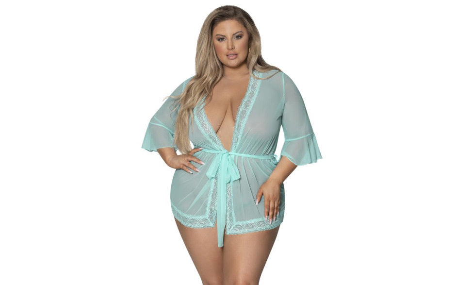 Exposed | Robe with Lace Trim Turquoise Queen