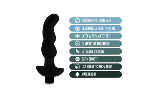 Anal Adventures | Platinum Silicone Prostate Massager 03 For anyone looking to explore new anal sensations alone or with a partner Anal Adventures provides many options to choose from. This plugs wavy curves add extra sensation and comes equipped with a high powered 10 function rechargeable bullet. The Ultrasilk Silicone, with it's silky smooth feel, delivers vibrations beautifully.