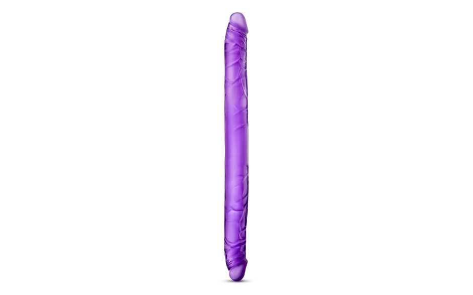B Yours | Double Dildo Purple -16 Inch Double your pleasure with our 16 inch Double Dildo. Perfect for lesbian couples that both enjoy penetration, this double dildo allows you to be pleased at the same time. With 16 inches total length to share, that leaves 8 inches for each of you. This Double Dildo is realistic with a pronounced head on each end to increase pleasure.