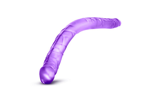 B Yours | Double Dildo Purple -16 Inch Double your pleasure with our 16 inch Double Dildo. Perfect for lesbian couples that both enjoy penetration, this double dildo allows you to be pleased at the same time. With 16 inches total length to share, that leaves 8 inches for each of you. This Double Dildo is realistic with a pronounced head on each end to increase pleasure.