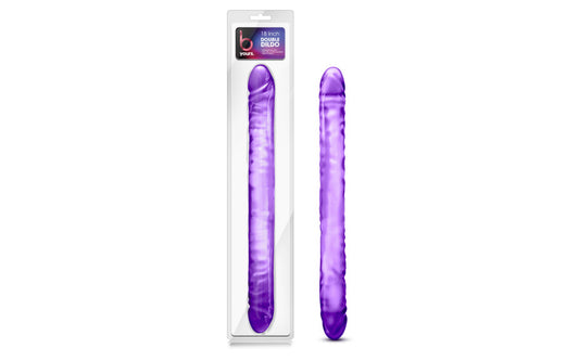 B Yours | Double Dildo Purple 18 Inch Go double or nothing with the B Yours Double Dildo Pink - 18"! This awesome 16" twosome - 8" each - is perfect for sweet mutual penetration or solo pleasure. The smooth and flexible surface and realistic heads provide extra sensation for maximum pleasure. Get your double dip on and dive into some extra special fun! 