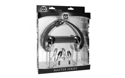 Master Series | Equine Silicone Bit Gag With Nipple Clamps Tease your plaything with this dual featured silicone bit gag and nipple clamp set. Just affix the bit gag over the open mouth of your plaything, and secure it with the sturdy, adjustable silicone strap. The back closes with a standard rolling buckle, 