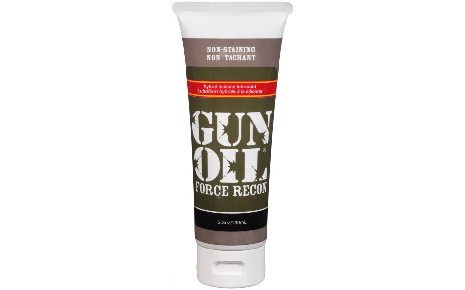 Gun Oil | Force Recon 3.3oz/100ml Tube Lubircant Australia Duchess and Daisy We created this revolutionary, specialty hybrid silicone gel to provide the long-lasting glide of silicone with the easy clean up of a water-based formula. It is thick and no-drip, but with a luxurious smooth texture perfect for anal, toy play and masturbation. Concentrated Water/Silicone hybrid Hypoallergenic Safe for most non-porous toys* 