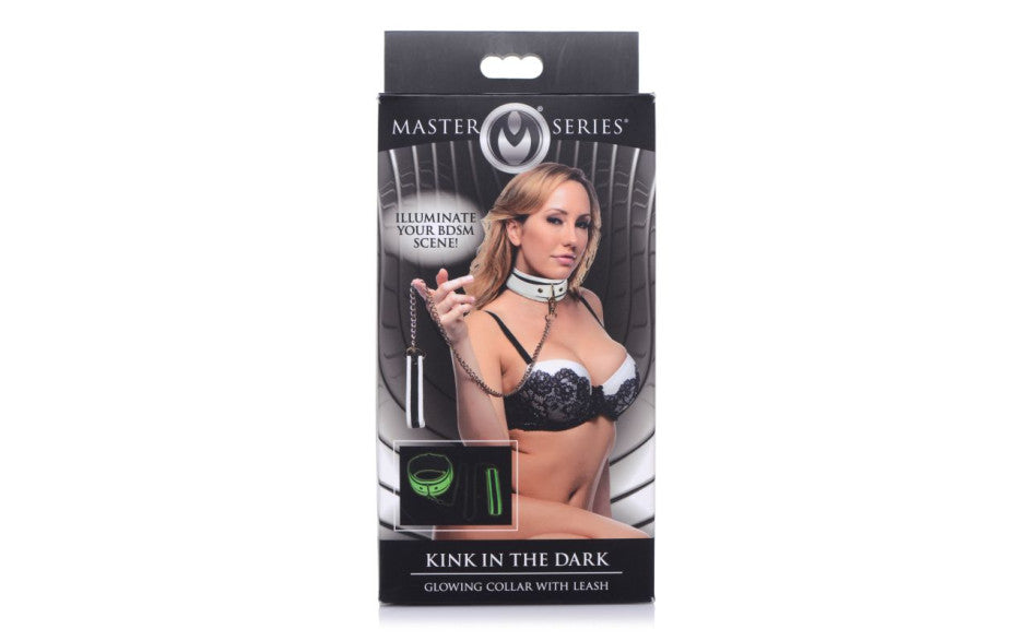 SHOP Master Series Kink in the Dark Glowing Collar & Lead - Fluoro Green/White/Gold Illuminate your BDSM, Lead your sub around and control their movements, with this glowing collar and leash set! Quality crafted sturdy white PU Leather finished with gold metal hardware for elegance and durability 