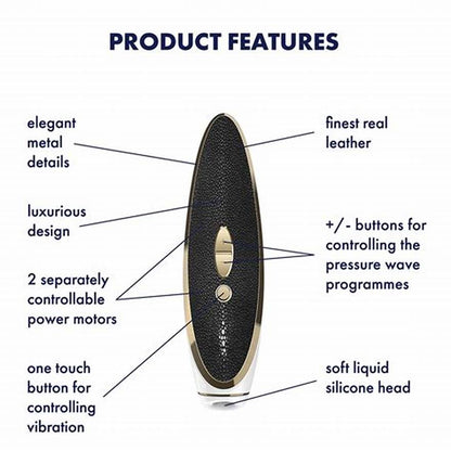 Description You will be Satisfied with Luxury Air Pulse Stimulation, High-quality materials, such as Brushed Gold Aluminum Trim, Delicate and Sensual Leather, Soft liquid Silicone.   Details - Black and White with a Gold Trim or White and Pink with Gold Trim - So Soft Silicone Tip - 11 pressure wave programs and 10 vibration modes - 2 separately controllable Powerful Motors - Whisper quiet mode - Waterproof - USB Rechargeable