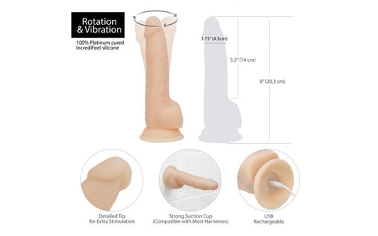 Addiction | Rotating 8in Vibrating Dildo with Remote - Vanilla Duchess and Daisy Australia The Naked Addiction rotating and vibrating vanilla dong from BMS Factory is an 8 inch silicone sex toy that is designed to please! Made with 100 percent platinum cured silicone, this realistic dong comes with two independently controlled motors that offer vibration and rotation motions.