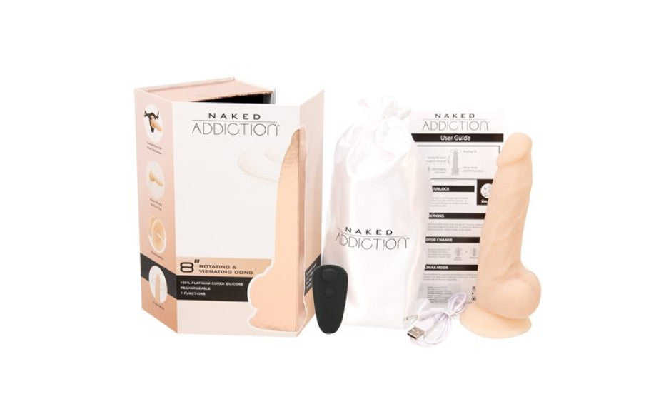 Addiction | Rotating 8in Vibrating Dildo with Remote - Vanilla-vibrator-Addiction-Duchess & Daisy 7451829534901 88125 Duchess & Daisy addiction, all sex toys, dildo, remote controlled, Vibrator, The Naked Addiction rotating and vibrating vanilla dong from BMS Factory is an 8 inch silicone sex toy that is designed to please! Made with 100 percent platinum cured silicone, this realistic dong comes with two independently controlled motors that offer vibration and rotation motions. This dong features 7 function