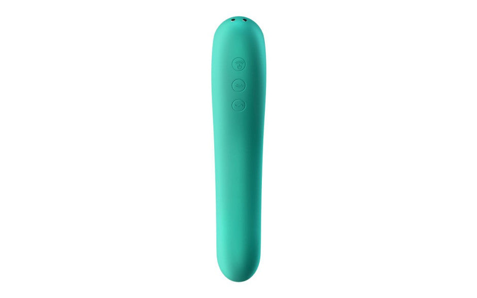 SHOP Satisfyer | Dual Kiss - Green Teal Duchess and Daisy Australia Bet you havent been kissed like this before! Great for beginners to try out multiple features in one. One end features Air-Pulse Plus Vibrations for clitoral stimulation, the opposite end has an insertable, curved shaft to target the G spot. 