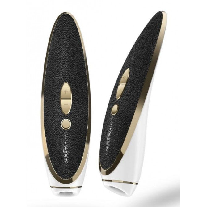 Satisfyer | Luxury Haute Couture 9016556 Air Pulse Vibrator Duchess and Daisy Australia Satisfied with Luxury Air Pulse Stimulation, High-quality materials, such as Brushed Gold Aluminum Trim, Delicate and Sensual Leather, Soft liquid Silicone.   Details - Black and White with a Gold Trim or White and Pink with Gold Trim - So Soft Silicone Tip - 11 pressure wave programs and 10 vibration modes - 2 separately controllable Powerful Motors - Whisper quiet mode - Waterproof - USB Rechargeable