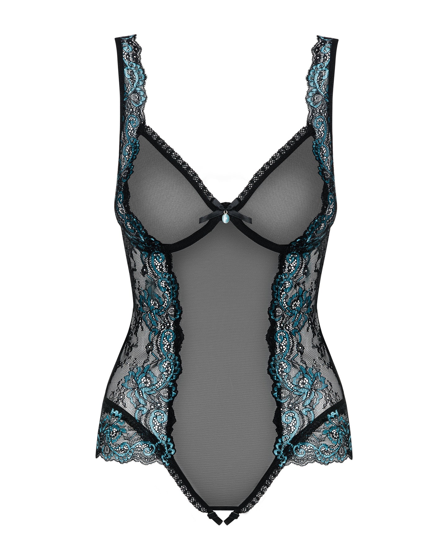 Stunning Turquoise two toned lace, Soft sensual Mesh. With underwire cups and a turquoise pendant between. This gorgeously crafted Teddy is the perfect date night underwear with the open crotch detail and lace trims adding a seductive twist.