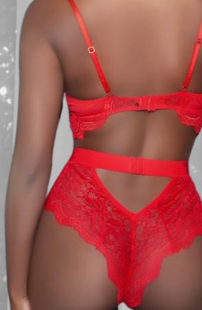  Adjustable straps on the soft cup underwired bra - Stunning detailed soft to the touch lace - Elastic waistband  - High-rise pantie style bottom  - Elastic detailing across the back - Conforms to all body shapes - Sheer cotton lining Black Red Lingerie Australia Boutique Shop