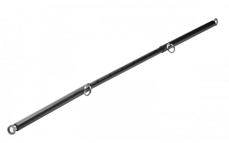 Keep your plaything in place and spread them wide with this darkly sexy spreader bar. Made of durable steel, the bar adjusts between 23 and 35 inches. This black bar has eyebolts securely attached to each end. Wrist and ankle cuffs can be attached to the bar as you desire, making it not only a vital accessory to your bondage play, but a warm welcome to any devious collection.