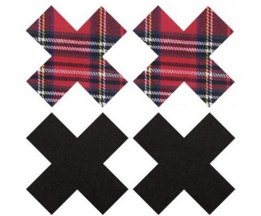 Sexy School Reunion? or Sultress of Kink?. Dress up or Cover up, with these Black and Plaid Pasties you can wear today's most revealing fashions without showing more than you want - we've got you covered! This pair of Pasties are pre applied with quality adhesive for convenience, your welcome and an 8+ hour wear time.