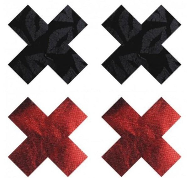 X marks the spot with this gorgeous set (Two Pairs) of Cross Pasties, Featuring a Black Cross Set that is covered in a sultry lip kisses print, and a gorgeous shinny textured Red Cross Set. Each set is quality made, self adhesive can be worn for 8+ hours. Wear more revealing outfits, cover up in style or use as a flirty fashion add on.   Details Two Pairs Black Hearts with Lip Print Red Heart with Satin Look 8+ Hour Wear Quality Made