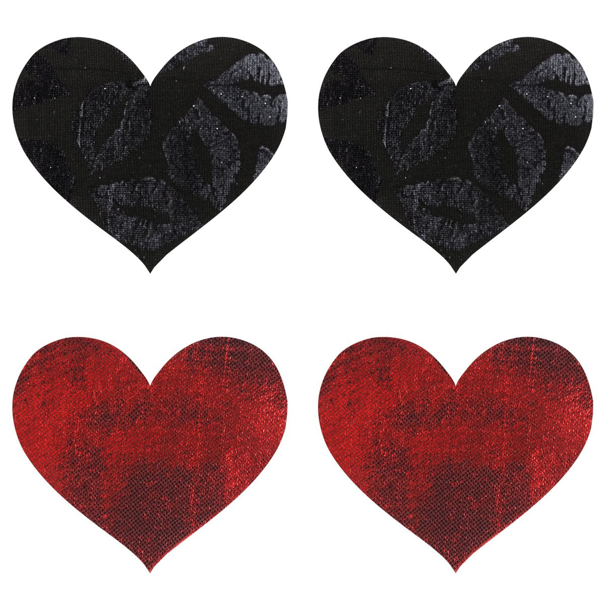 SHOP Peekaboo Pasties | Stolen Kisses Hearts Pasties - 2 Pair Set Red/Black Australia This 2-pair set of Peekaboo heart pasties offers an array of styling possibilities. Each set is made of quality materials for lasting wear, providing 8+ hours of coverage. The black pair features a lip kisses print, and the red pair has a shiny textured finish. Perfect for both risqué fashion and subtle cover-up, this set will add a flirty touch to any outfit. 