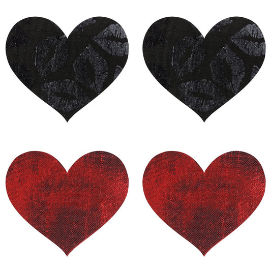 SHOP Peekaboo Pasties | Stolen Kisses Hearts Pasties - 2 Pair Set Red/Black Australia This 2-pair set of Peekaboo heart pasties offers an array of styling possibilities. Each set is made of quality materials for lasting wear, providing 8+ hours of coverage. The black pair features a lip kisses print, and the red pair has a shiny textured finish. Perfect for both risqué fashion and subtle cover-up, this set will add a flirty touch to any outfit. 