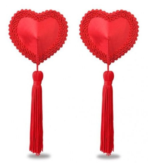 BUY Love Toy | Reusable Red Heart Tassels Nipple Pasties Struck by Cupid? These Divine Red Satin Heart Nipple Pasties, with Intimate Piping and Quality Soft Silky Tassels are the perfect length for putting on a Show, or Floating around like the love struck Angel you are.&nbsp; With Hypo-allergenic Self Adhesive that can&nbsp;be worn for 8+ hours. .
