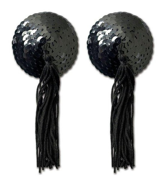 Show Girl Piece! Luxe meets Glamorous with this pair of Black Sequin Pasties, adorned with soft elegant silky satin Tassel's. This pair of Gorgeous Pasties come with adhesive for convenience your welcome.  Details Sequin Nipple Pasties Black Soft Silky Tassels Self Adhesive Re-useable