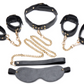 SHOP Master Series | Golden Submission Bondage - 5 Piece Set Submit and dominate in style with this regal kit of chains and cuffs! This Golden Submission kit is designed to glam up your dungeon with its golden chains, golden hardware, and sultry black leather cuffs and blindfold. Perfect for BDSM players with a penchant for the finer things in life, 