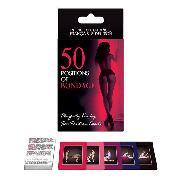 Playfully kinky sex position cards! Compete against your lover to build a five-card fantasy that includes five categories of bondage position challenges. The cards can also be used as flash cards for ideas of sex positions you can experiment with that incorporate bondage.