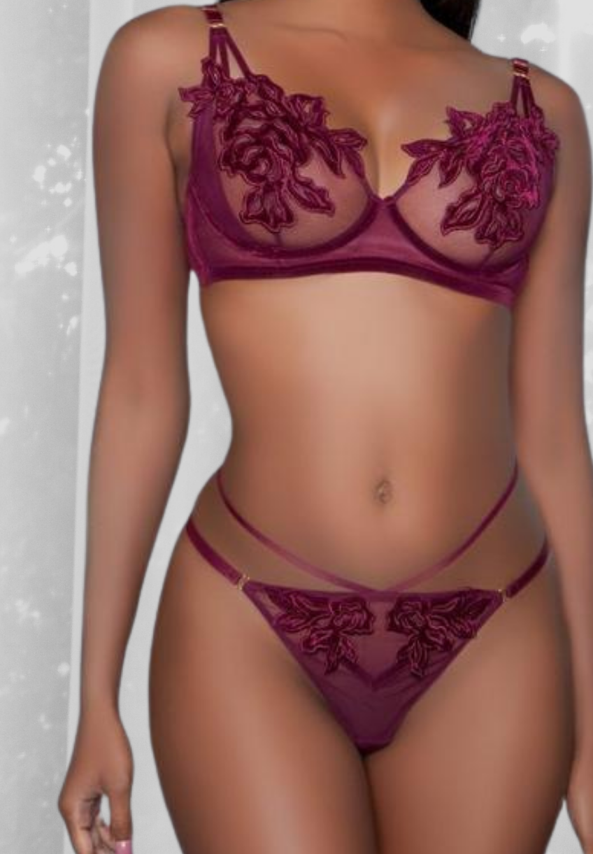A stunning sheer floral pattern  - Underwired balconette Bra - Full breast coverage - Strappy G-string - Adjustable straps - Stunning Black and deep Maroon - Gold fixings,  - Topped off with velvet piped v on the G-string, velvet around the cups, and along the waistband of the bra Australian black lingerie set