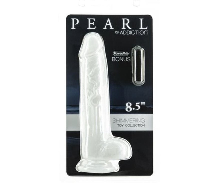 Addiction | Pearly White Shimmer Dildo with Bullet Vibe - 8.5 Inch-Sex Toys-Addiction-Duchess & Daisy 7065989316789 87910 Duchess & Daisy dildo, pearl, pearlescent, pleasure, sexual health, shiimer, shimmer, strap on dildo, suction cap dildo, white, womens pleasure, womens sex toy, womens toy, A Pearl is a Lustrous, Shimmering Gem that symbolizes all things precious and beautiful. Shine, reflect and glisten with a this gorgeous Dildo and its pearlescent finish. The smooth finish will provide a delightfully 