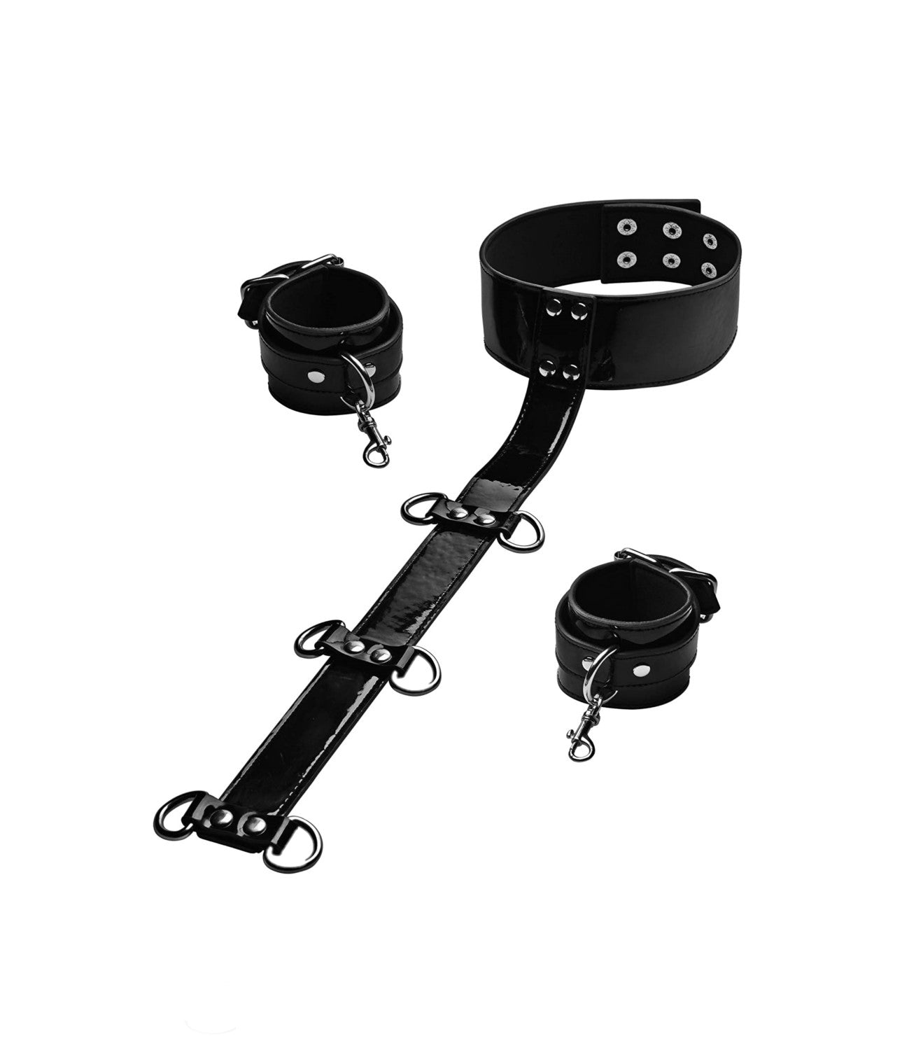 Frisky | Bound Around Neck to Wrist Restraints Whether your play thing is wearing this set down their front or back, the removable cuffs can be moved onto any of the three D-rings on each side. The neoprene lining is comfortable and durable for long-term use with many repeats! 