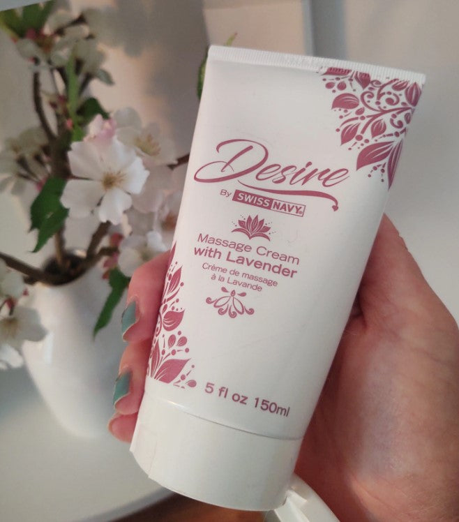 Swiss Navy | Desire Lavender Massage Cream 5oz/15ml DESMC5 Feel the love and enjoy smooth sensuality! Let your hands slip into this decadent cream with its enriching hydration, all while a lovely lavender scent sets a romantic ambiance. Goodbye stress, hello bliss!