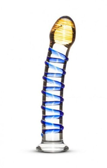 With this Hand made Glass Dildo with Gorgeous Blue Swirl and Yellow detailed tip you sure have something special in your hands. The blue ribs provide extra stimulation when you move the dildo up and down. Because of the flat base, the dildo can be used both anally and vaginally. The slightly bent shaft stimulates the G-spot or prostate for an even better experience.
