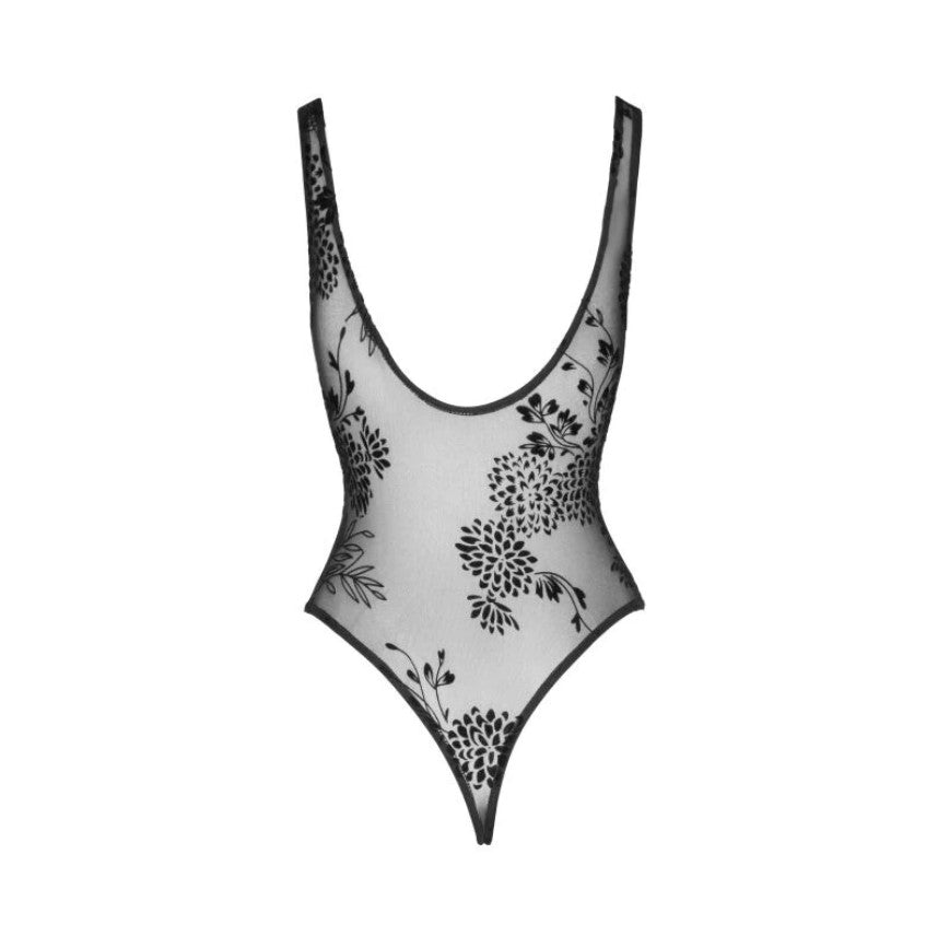 Noir | Tulle Bodysuit with Patterned Flock Embroidery