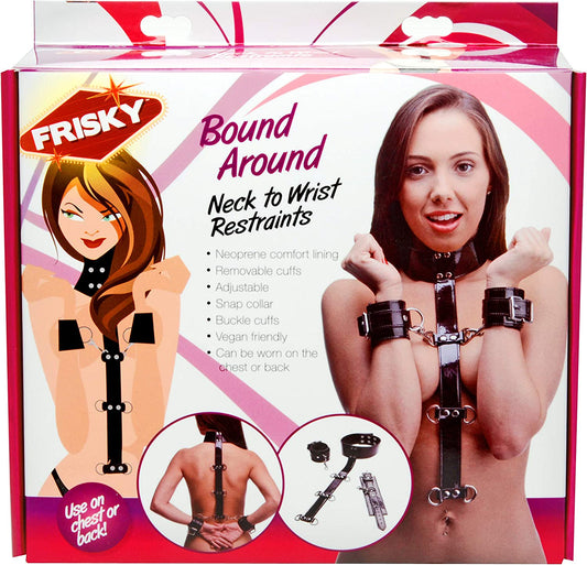 Frisky | Bound Around Neck to Wrist Restraints Whether your play thing is wearing this set down their front or back, the removable cuffs can be moved onto any of the three D-rings on each side. The neoprene lining is comfortable and durable for long-term use with many repeats! 