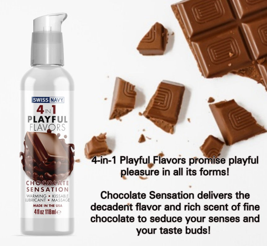 Swiss Navy Lubricant Playful Flavours 4 In 1 Chocolate Sensation 4oz $24.95AUD Duchess and Daisy. 4-in-1 Playful Flavors promise playful pleasure in all its forms!  4-in-1 Playful Flavors promise playful pleasure in all its forms!  Chocolate Sensation delivers the decadent flavor and rich scent of fine chocolate to seduce your senses—and your taste buds! 