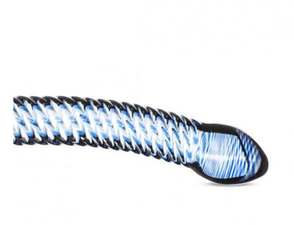 This beautiful hand made glass dildo is indispensable in the nightstand of lovers of unique sex toys. The dildo is transparent and has blue details on the shaft and glans for an elegant look whilst being firm, smooth and very suitable for Temperature Play. The red ribs provide extra stimulation when you move the dildo up and down.