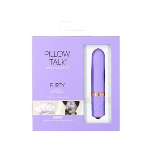 Pillow Talk Special Edition | Flirty Mini Massager $84.95AUD Vibrator. This luxurious mini massager from Pillow Talk is getting a makeover with a beautiful lilac hue and rose gold accenting. Added bonuses to the popular toy now include a fun foreplay card game as well as a silky satin blindfold 