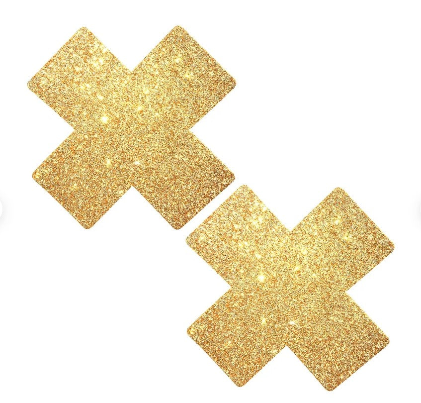 A gorgeous set of X Pasties by the Famous Neva Nude, Featuring X Cross Pasties made out of swimsuit material making them waterproof with Hypoallergenic, latex-free medical grade adhesive that can be worn for 10+ hours. With a divine Gold Shimmering Glitter finish. Each set is quality and hand made with love!
