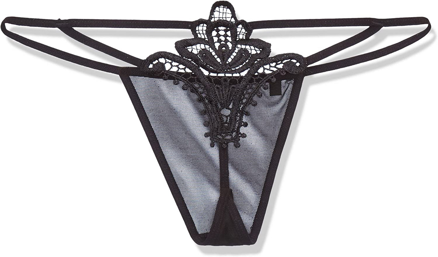 Obsessive | Luiza Lovely G-String - Classic Black Elegant Elastic G-String with a Gorgeously detailed design above the Derriere. Plain front made out of translucent mesh Eye-catching adornment in the shape of tulip on the back Nice in touch and stretchable fabric (94% polyamide, 6% elastane). SKU 5187-BLK-L/XL Size L/XL Colour Black UPC 5900308555187 Case Count 1