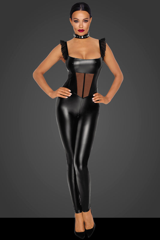 F256 Powerwetlook overall/bodysuit with tulle panel Noir Fetish Wear Catsuit Afterpay Available, Duchess and Daisy Australian Lingerie. Power Wetlook is soft and conforming to any body shape whilst holding everything in place, this gorgeously designed Bodysuit has Tulle paneling at the front that compliments the femininely frilled shoulder straps that add a touch of softness without compromising any of the sexy femme fatale this overall is sure to evoke