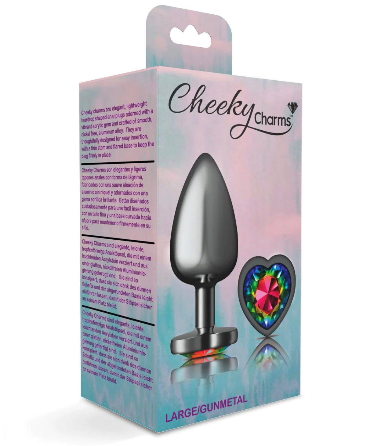 Cheeky Charms | Gunmetal Butt Plug with Heart Rainbow Jewel S/M/L