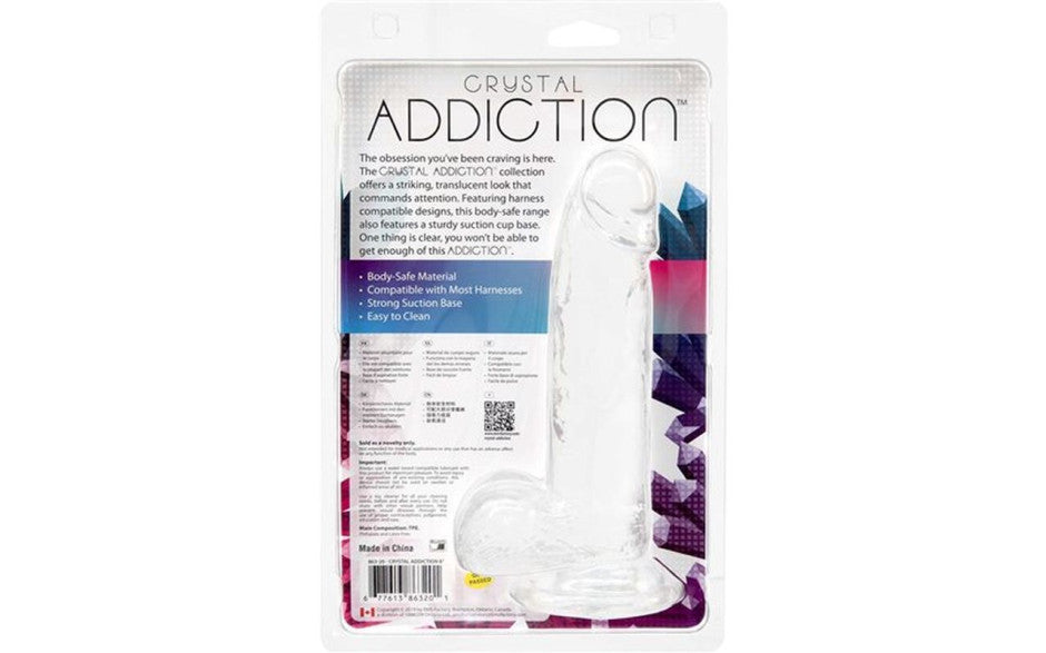 ddiction Crystal Dildo w Balls 8in Clear Duchess and Daisy Australia The Crystal Addiction 8 Inch dong is the most recent installment in the renowned ADDICTION Collection from BMS. The Crystal Addiction dildo includes a strong and sturdy suction cup base and is made of TPE. This incredibly affordable pleasure product is also harness compatible.