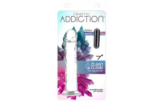 Addiction | Crystal Dildo Straight 7in Clear Duchess and Daisy Australia Your future has never looked clearer! Introducing the Crystal Addiction 7 inch vertical dong! Experience lifelike textures with an incredible clean and clear design. Crystal Addiction is made from premium, body safe TPE material. Additionally, our product is Phthalate and Latex free. Stick it to any surface by the strong suction base or attach to almost any harness with ease! 