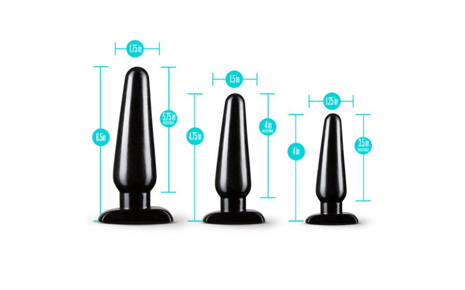 Anal Adventures | 3 Piece Basic Plug Kit - Black Duchess and Daisy Australia For anyone looking to explore new anal sensations alone or with a partner Anal Adventures provides many anatomically targeted options to choose from. The Basic Plug Kit includes 3 graduated plugs for convenient anal training. Their tapered shapes are easy to insert and will help you size up comfortably