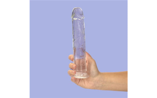 Addiction | Crystal Dildo Straight 9in Clear with Bullet Duchess and Daisy Australia Your future has never looked clearer! Introducing the Crystal Addiction 9 inch vertical dong! Experience lifelike textures with an incredible clean and clear design. Crystal Addiction is made from premium, body safe TPE material. Additionally, our product is Phthalate and Latex free.