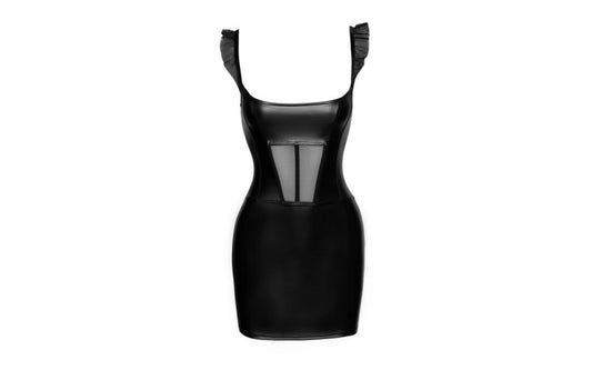 Noir | Power Wetlook Short Dress w Front Tulle Inserts