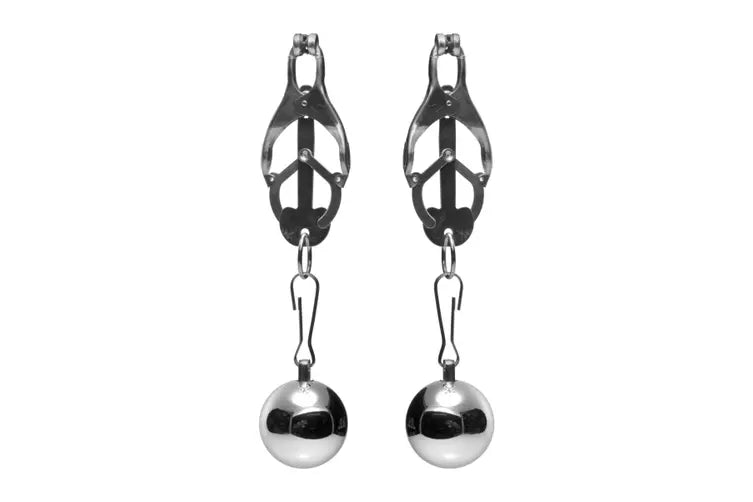 Master Series | Deviant Monarch Weighted Nipple Clamps Duchess and Daisy Australia These ingenious clamps are specially designed to tighten their grip as they are pulled downward. The ends are tipped with ribbed rubber, to help retain their grip and add to the sensation.
