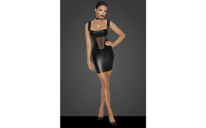 Noir | Power Wetlook Short Dress w Front Tulle Inserts