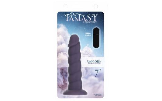 Addiction | Fantasy Unicorn Dildo with Bullet Vibe Purple - 7 Inch-Massager-Addiction-Duchess & Daisy 7399008075957 89115-PUR Duchess & Daisy addiction, all sex toys, dildo, unicorn, unicorn dildo, witch, Womens sex toys, Experience a dreamscape of pleasure with Addiction Fantasy, a captivating selection of vibrantly-colored dildos that are sure to fulfill all your fantasies. This 7 inch dildo provides an intense experience with its optimally ribbed shaft and textured head. Made of 100% silicone, it is opti