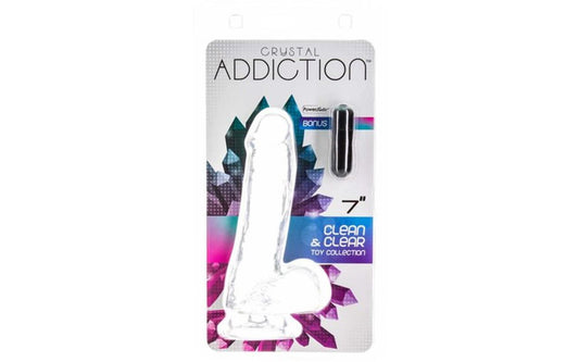 Addiction | Crystal Dildo with Balls and Bullet Vibe - 7in Clear Duchess and Daisy Australia The Crystal Addiction 7 inch dong is the latest addition to the best-selling ADDICTION collection by BMS. The Crystal Addiction dildo includes a strong and sturdy suction cup base, and is made of TPE. This incredibly affordable pleasure product is also harness compatible. 