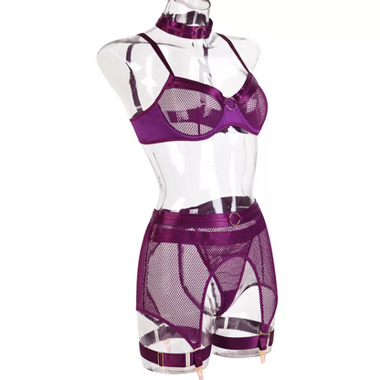 This beautifully classic cut set consists of an adjustable Bra, Choker, G-String, Garter Belt & Garters. Gold ring detailing against a comfortable stretch mesh, Sweet or Seductive, whichever you choose there is a Color to compliment your mood. Lingerie Set 5 Piece, Womens Lingerie Australia, Sexy Lingerie Afterpay shop