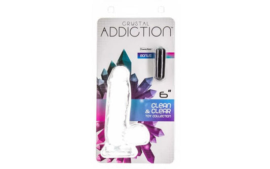 Addiction | Crystal Dildo with Balls and bullet Vibe - 6in Clear The Crystal Addiction 6 inch dong is the latest addition to the best selling ADDICTION collection by BMS. The Crystal Addiction dildo includes a strong and sturdy suction cup base, and is made of TPE This incredibly affordable pleasure product is also harness compatible. The Crystal Addiction 6 inch Dong offers a realistic shape paired with a unique translucent colouring that you will be addicted to. 