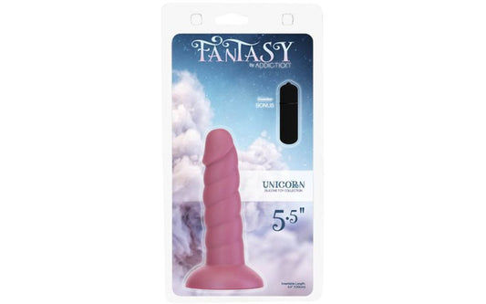 Addiction | Fantasy Unicorn Dildo with Bullet Vibe Pink - 5.5 Inch-Dildo-Addiction-Duchess & Daisy 7398556041397 89016-PNK Duchess & Daisy addiction, all sex toys, dildo, pegging, unicorn, unicorn dildo, Experience a realm of pleasure with Addiction Fantasy, an exquisite range of captivating colors for fulfilling all of your fantasies! This 5.5 inch dong has an inviting, tickled pink color and a ribbed texture that runs down its shaft to its prominent head. With its impressive girth, it'll let you explore n